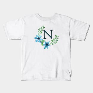 Floral Monogram N Pretty Blue Flowers Kids T-Shirt